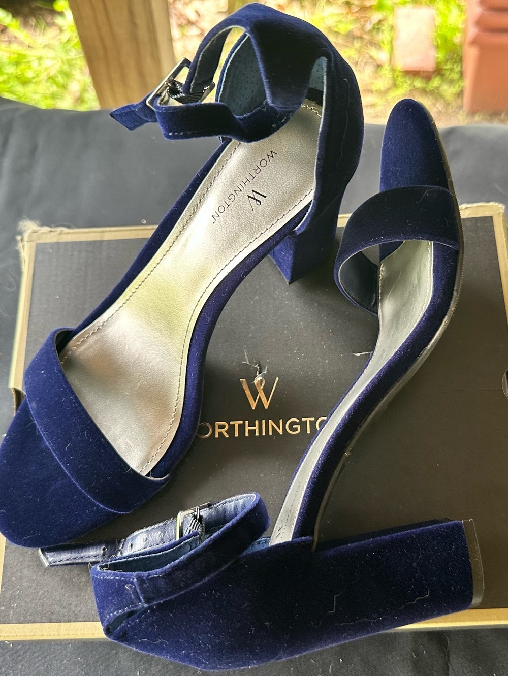 Worthington Navy Velvet Block Heel Sandals with Ankle Strap